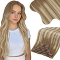 Moresoo Clip in Hair Extensions Real Human Hair Light Brown to Medium Blonde Balayage Clip ins Human Hair Extensions Double Weft Ombre Light Brown to Medium Blonde Thick 135g/7pcs 16in