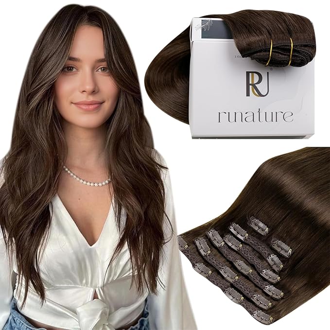 RUANTURE Brown Clip in Hair Extensions Real Human Human Hair, Clip in Human Hair Extensions, Double Weft Full Head THick Ends, Easy to Install, 20 Inch 120g 7pcs #4 Chocolate Brown