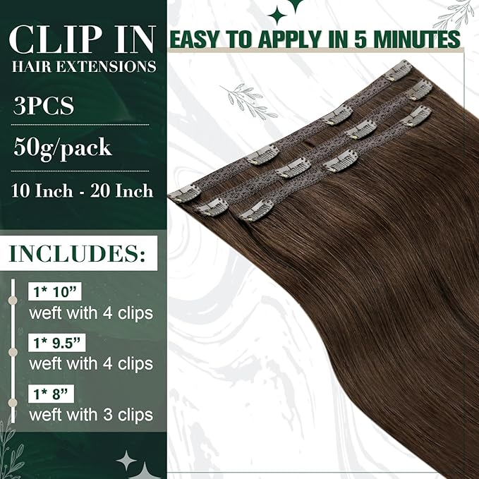 RUNATURE Real Hair Extensions Clip in Human Hair, Brown Clip in Hair Extensions for Women, Double Weft Straight Remy Extensions for Thin Hair 18 Inch 50g 3pcs #4 Medium Brown