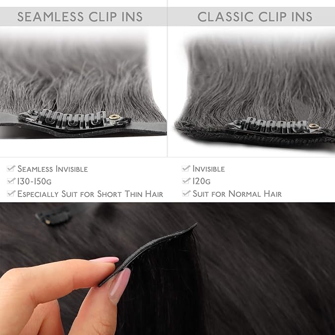 WENNALIFE Seamless Clip In Hair Extensions, 20 Inch 150g 7pcs Natural Black Hair Extensions Clip in Human Hair Invisible PU Skin Weft Natural Remy Human Hair Extensions