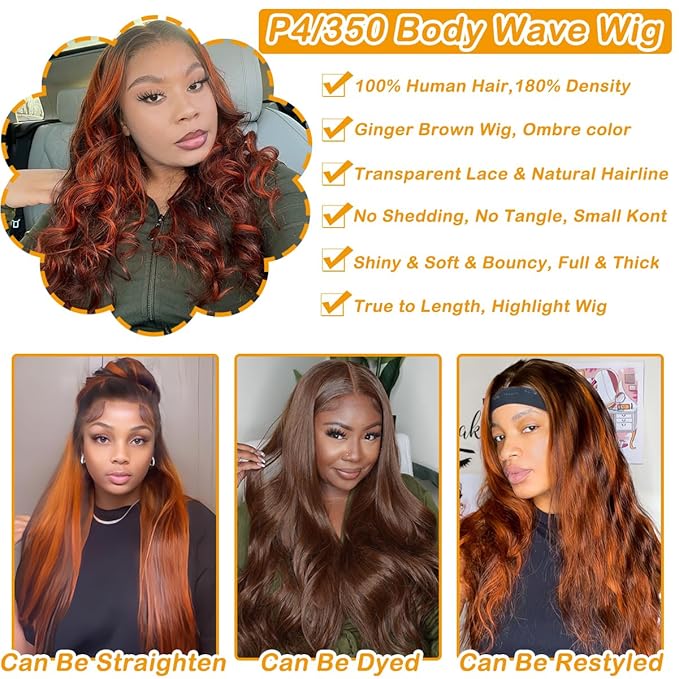 P4/350 Ginger Orange and Brown Colored Body Wave Lace Front Wigs Human Hair 13x4 Highlight HD Lace Front Wig Human Hair Pre Plucked for Black Women 180% Density Glueless Wig 32Inch