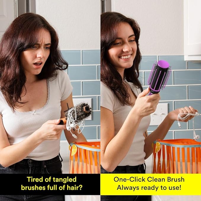 Self Cleaning Hair Brushes for Women - Curly Hair Detangler Brush Comb - Round Roller Retractable Travel Hairbrush - Purple Christmas Gifts