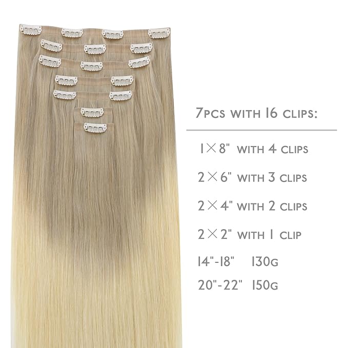 WENNALIFE Seamless Clip In Hair Extensions, 16 Inch 130g 7pcs Ash Blonde to Golden Blonde and Platinum Blonde Hair Extensions Clip in Human Hair Invisible PU Skin Weft Natural Remy Human Hair