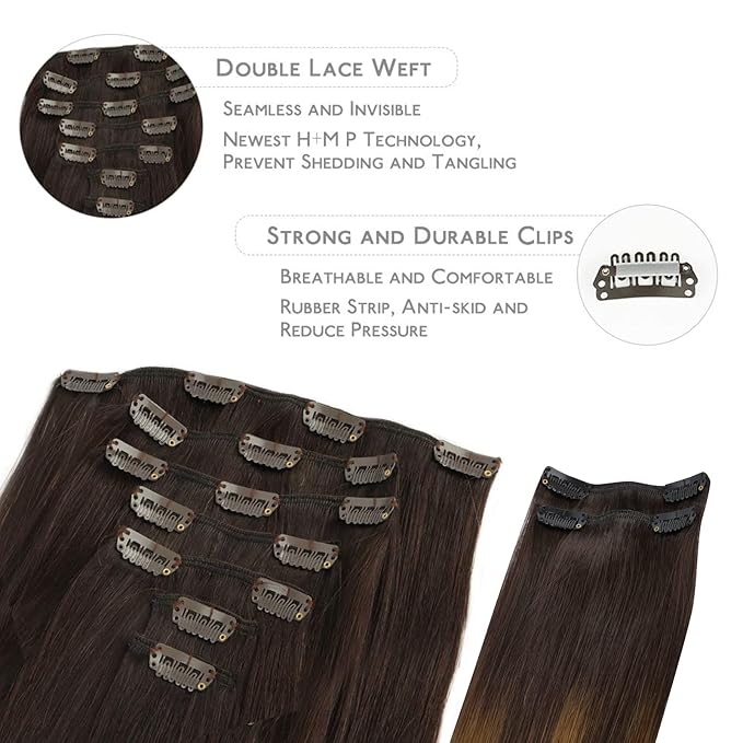 WENNALIFE Clip in Hair Extensions, 150g 24 Inch 9pcs Highlight Dark Brown to Chestnut Brown and Dirty Blonde Human Hair Extensions Thicker Clip in Hair Extensions Real Human Hair Clip Set Double Weft