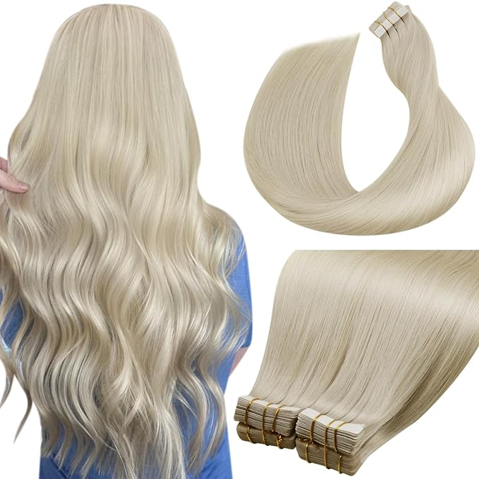 LaaVoo Tape in Hair Extensions Human Hair Blonde Real Hair Tape in Extensions #613 Bleach Blonde Human Hair 24 Inch 40pcs/100g