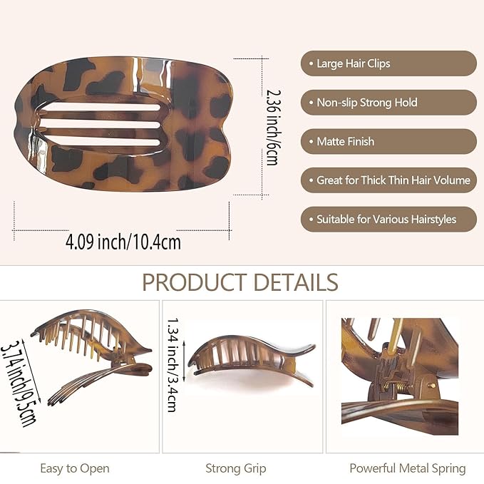 4 PCS Flat Claw Clips, Large Lay Flat Hair Clips for Women Girls, Strong Hold Non-slip Hair Claws for Thick Thin Hair