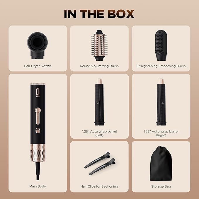 O.H.B 5 in 1 Hot Air Hair Styler, 110,000 RPM High Speed Hair Dryer Brush, Ionic Air Styler Wrap with Fast Drying, No Heat Damage Air Multi Styler for Volumize, Curl, Straighten for Travel, Black Gold