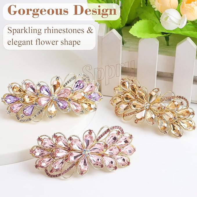 Large Gorgeous Rhinestone Hair Barrette for Women, Flower Jewelry Design (Pink)
