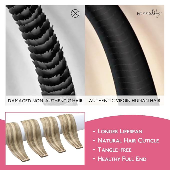WENNALIFE Tape in Hair Extensions Human Hair Ash Brown with Platinum Blonde Highlights, 10pcs 30g 26 inch Remy Hair Invisible Tape Ins Straight Colored Soft Refill Set