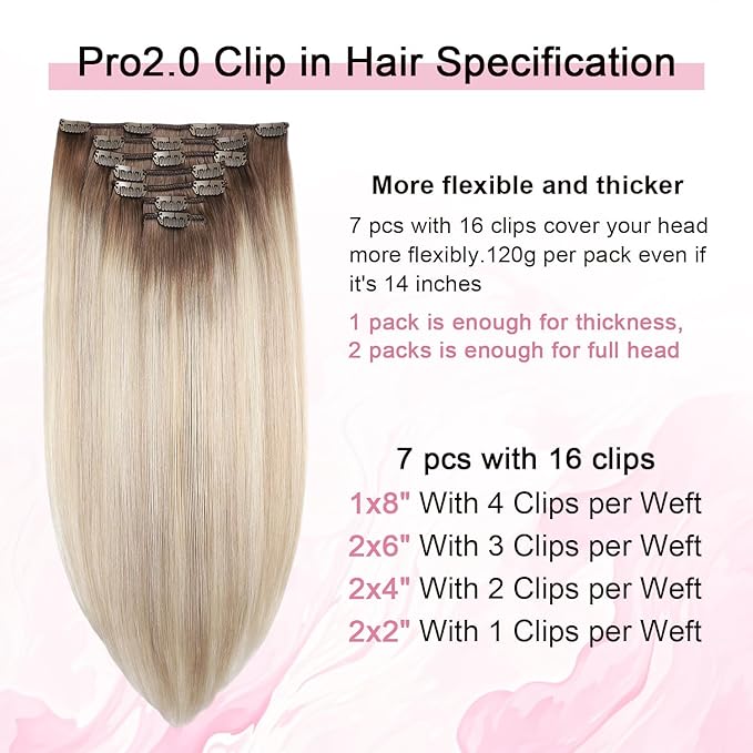 Pro2.0 Remy Real Human Hair Extensions Clip ins 120g Thick 7pcs #8/60/18 Ash Brown to Ash Blonde Mix Platinum Remy Clip in Hair Extensions Real Human Hair 16inch Double Weft（#8/60/18-16inch）
