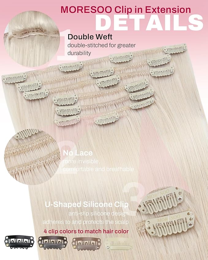 Moresoo Clip in Hair Extensions Real Human Hair Blonde Human Hair Clip in Extensions Platinum Blonde Double Weft 120g/7pcs 18 inch
