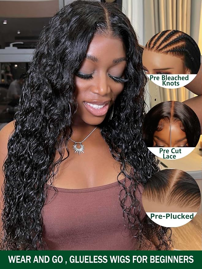 KLAIYI Bye Bye Knots Glueless Wig Pre Cut Water Wave HD Lace Front Wigs Human Hair Pre Bleached Pre Plucked Ready to Go Wigs for Women 30S Easy to Wear Put On and Go Curly Wig Beginner Friendly 22inch