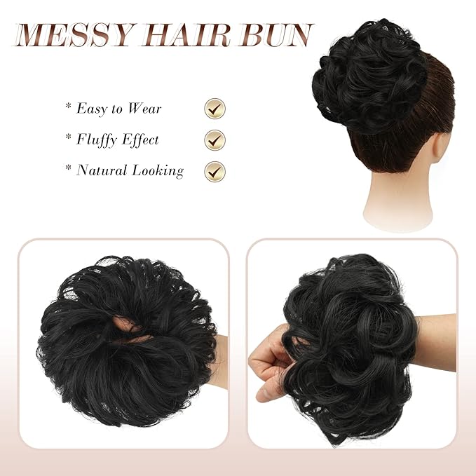 FESHFEN Messy Bun Hair Piece - Elastic Wavy Curly Hair Bun Scrunchies Extensions Synthetic Chignon Hairpieces for Women Girls, Natural Black 1.5 oz