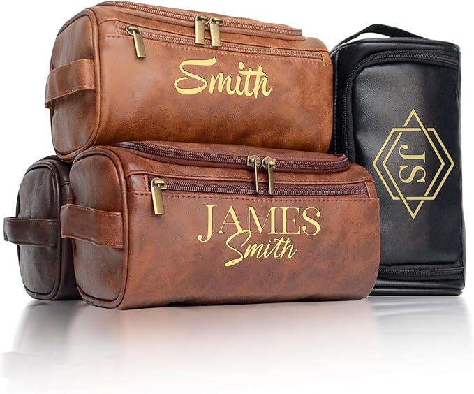 Personalized Toiletry Bag for Men, Engraved Name Initials Toiletry Bag, Customized Monogram Travel Shaving Dopp Kit for Groomsmen, Gift for Christmas, Birthday, Dad, Husband (Dark Coffee)