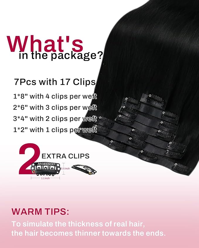 Moresoo Seamless Clip in Hair Extensions Human Hair Remy Straight PU Weft Human Hair Clip in Extensions Full Head Jet Black #1 7pcs/120g 16inch