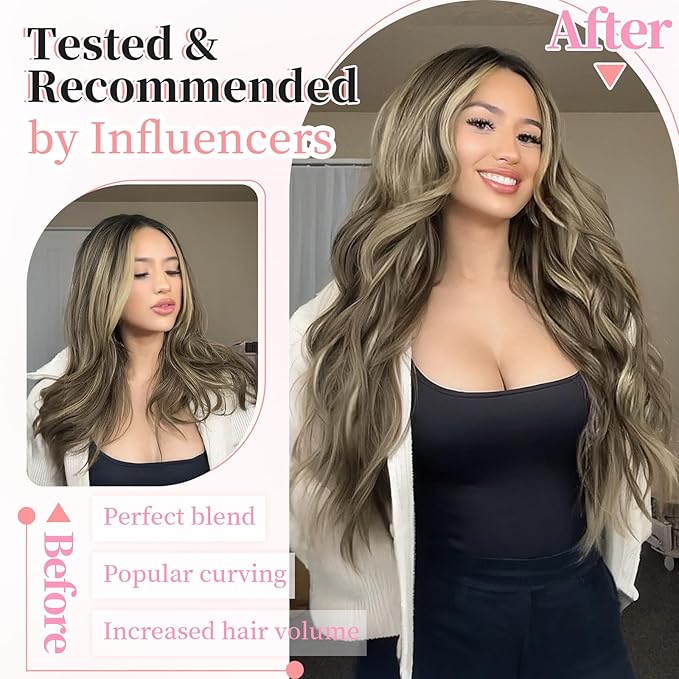 KooKaStyle Clip in Synthetic Highlight Hair Extensions Long Wavy 4PCS Thick Hairpieces Medium Brown Ash Blonde Fiber Double Weft Natural Hair Extensions 20 Inch for Women
