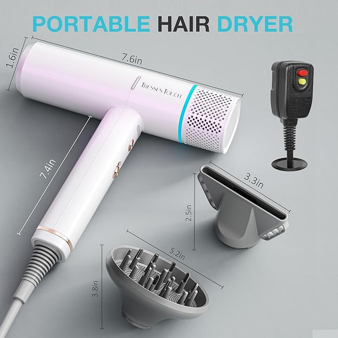 Ionic Hair Dryer with Diffuser and Concentrator, Professional Lightweight Quiet Blow Dryer, Powerful 1600 Watt Motor for Fast Drying and Straight & Wavy Hair, 3 Temps/2 Speeds, 6.56 Ft Cord, White
