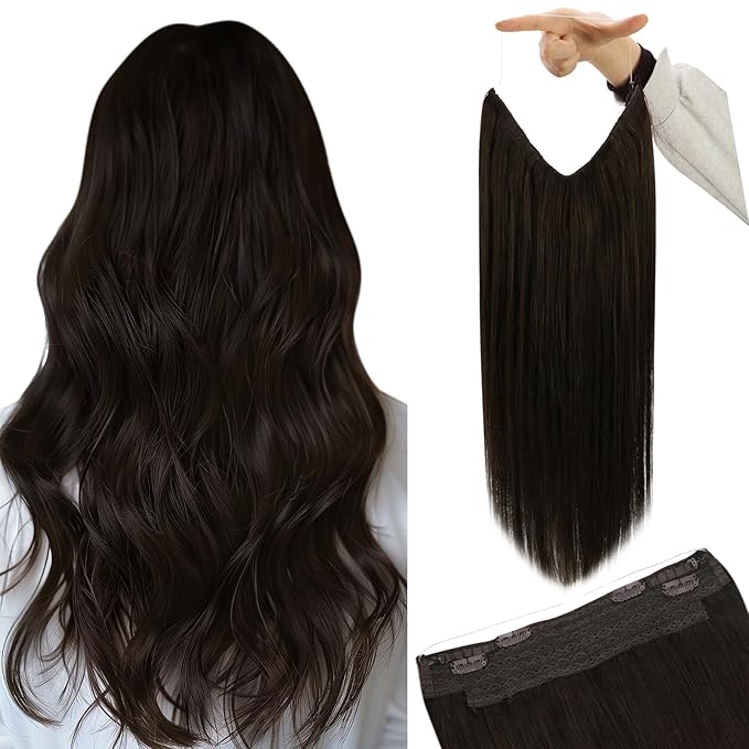 YoungSee 120G Wire Hair Extensions Human Hair Dark Brown Invisible Wire Human Hair Extensions for Women Darkest Brown One Piece Hair Extensions 18Inch