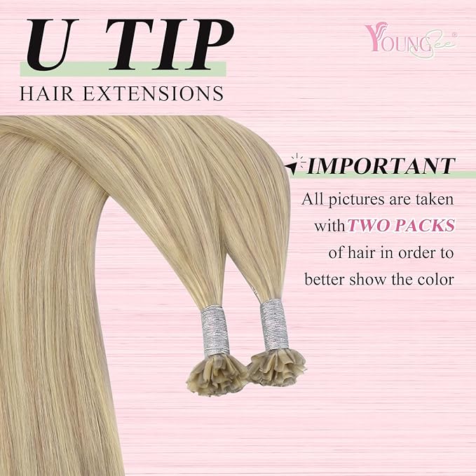 YoungSee U Tip Hair Extensions Human Hair Blonde Utip Hair Extensions Ash Blonde with Bleach Blond Keratin Hair Extension Real Human Hair Highlight U Tips Hair Extension Ktip Extension 18In 1G/S 50G