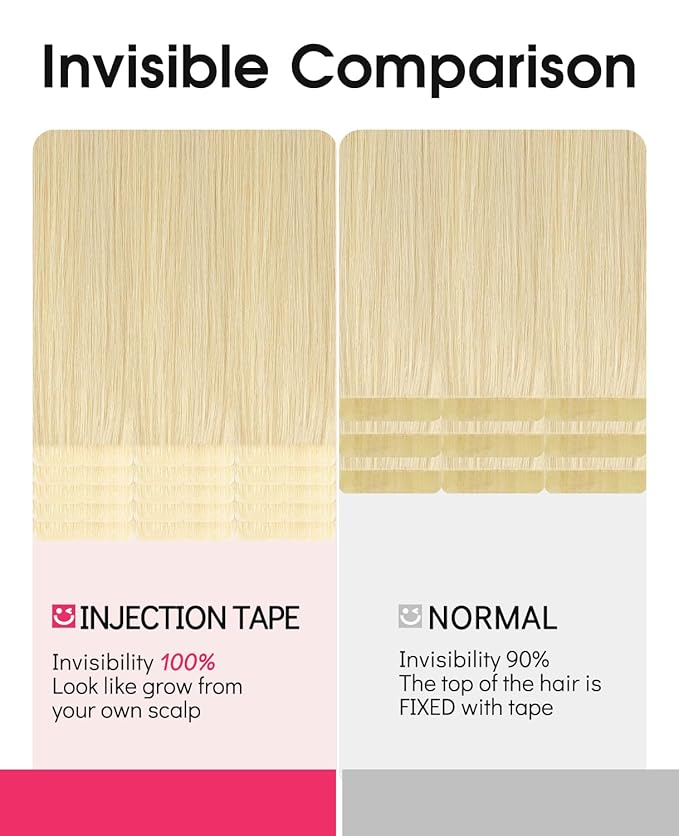 Youngsmile Injection Tape in Hair Extensions Human Hair #60 Platinum Blonde 20pcs 30g 14 Inch Injected Tape in Hair Extensions Real Human Hair Tape ins (#60,14'')