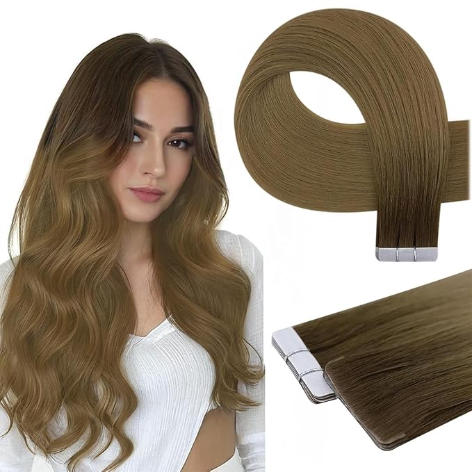 Full Shine Invisi Edge Injected Tape in Hair Extensions Human Hair Color R3 Dark Brown to 8 Light Brown Machine Remy Tape in Extensions Virgin Human Hair 12.5Grams 5Pcs 22Inch for Festivals
