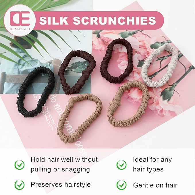 6Pcs Silk Hair Ties Small 22 Momme 100% Pure Mulberry Silk Scrunchies for Women Girls Thin Skinny Hair Sleep Scrunchies No Damage(Color 03)