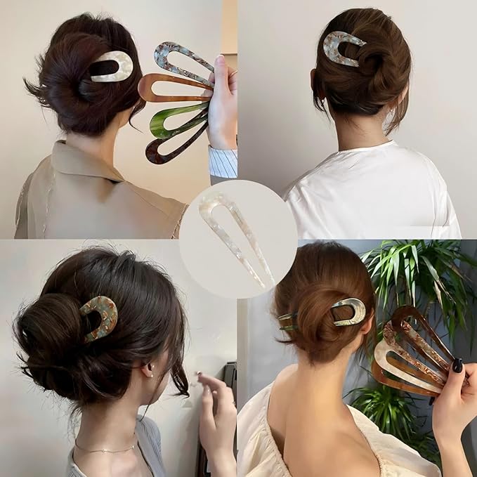 French Hair Pins for Women,U-Shaped Hair Pins,4Pc Twist Hair Stick,Suitable French Pins for Thick Hair(White,Brown,Dark Brown)