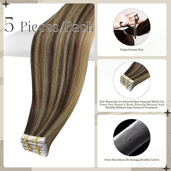 Full Shine Injection Tape in Extensions Real Human Hair 18 Inch Color BM Virgin Tape in Hair Extensions Seamless Skin Weft Invisible Human Hair Tapes in Extensions 12.5G 5Pcs for Women
