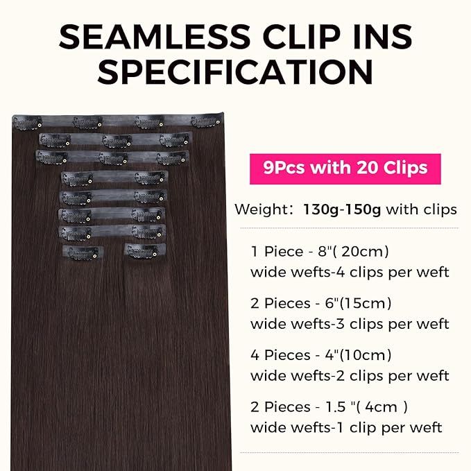 Lashey Seamless Clip in Hair Extensions Human Hair 130g 9pcs #2 Dark Brown Straight 16 Inch Hair Extensions Clip ins with Soft PU Hair Invisi Edge
