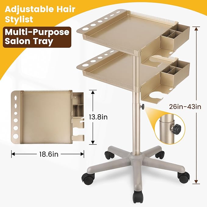 Hair Salon Carts, Champagne Gold Salon Tray for Hair Stylist, Multi-Function Salon Tray, Salon Station(with Wheels), Large Size and Robust,Corrosion-Resistant Adjustable Color Tray.