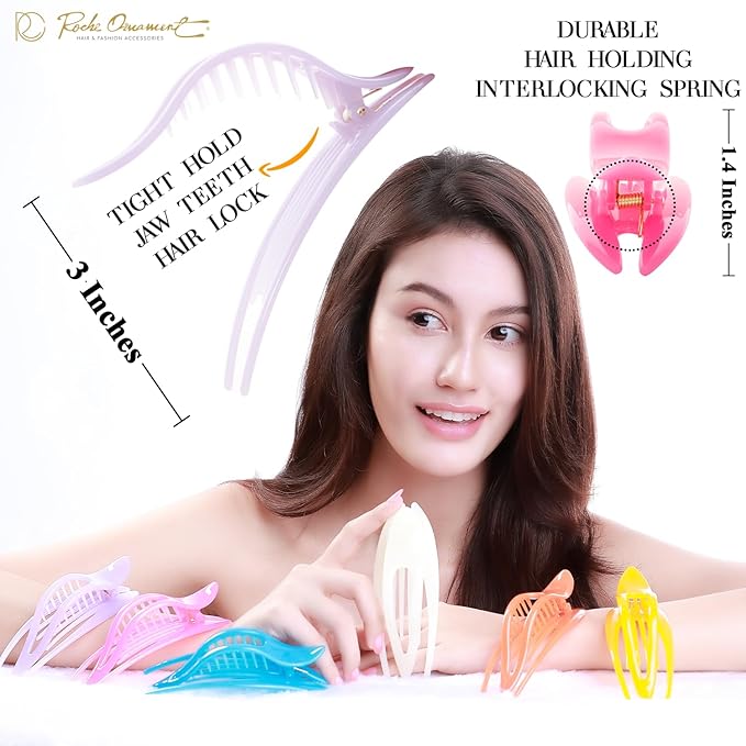 RC ROCHE 6 Pcs Flat Hair Clips Big Claw for Thick Hair French Duckbill Women No Slip Side Slide Curved Alligator Concord Strong Grip Hold Volume Lay Down Clamp, Medium Jelly Candy