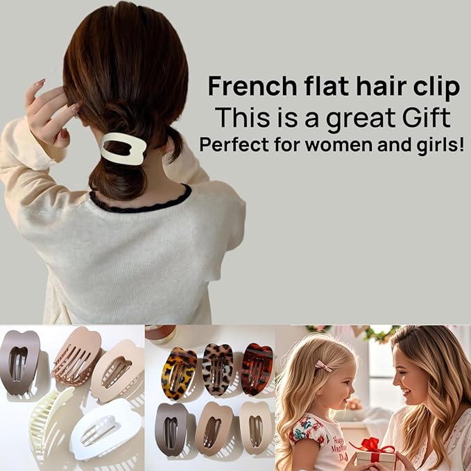 Women Flat Hair Clips,3-Pack French Large Matte Non-Slip Claw Hair Clips for Thick or Thin Hair(White, Black,Matte Khaki)