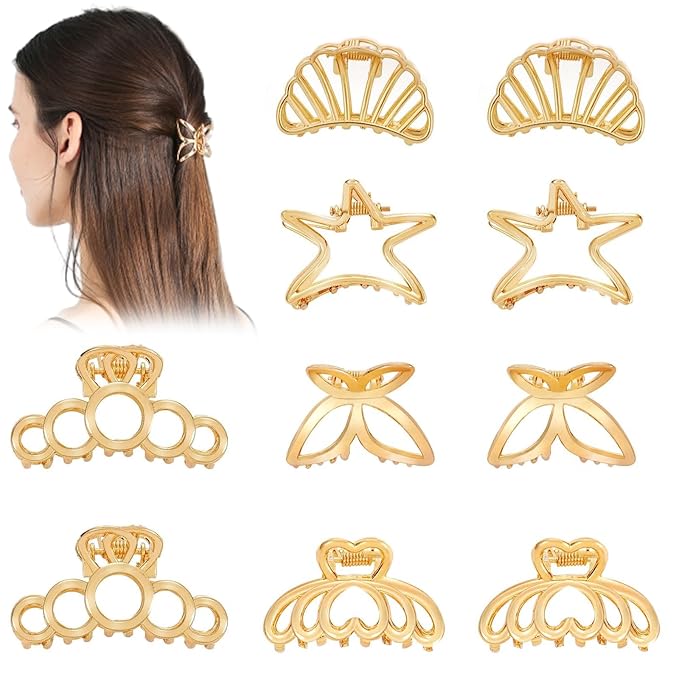 CWJCYTNSN Small Gold Hair Clips, 10Pcs Metal Butterfly Starfish Hair Claw Clips for Women Thick Thin Hair, Non-Slip Hair Clips for Women and Girls, Strong Hold Hair Accessories