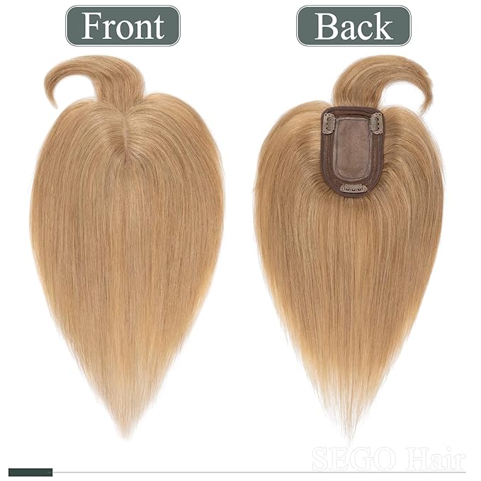 SEGO Hair Toppers for Women Real Human Hair with Thinning Hair, Toppers Hair Clip in Toppers Straight with Front Bangs 150% Density Silk Base -12 Inch #27 Dark Blonde