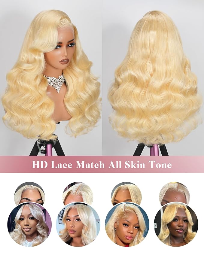 22 Inch 613 13x6 Lace Front Wig Human Hair 180 Density Blonde Wig Human Hair Body Wave 100% Real Human Hair True Length Random Dyeing No Shedding No Synthetics Triple Lifespan 3X