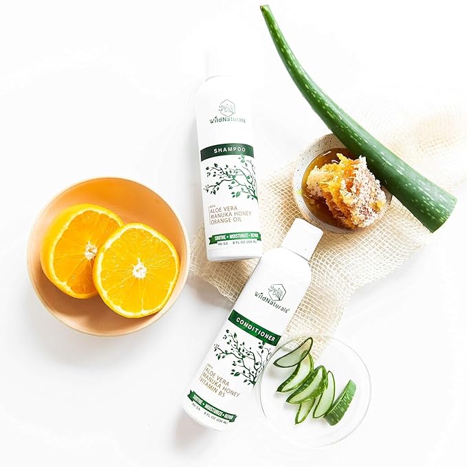 Wild Naturals Sulfate Free Conditioner : With Manuka Honey + Aloe Vera, For Hair Loss, Thinning Hair, and Itchy Dry Scalp. Anti Dandruff, Moisturizing, 98% Natural, 80% Organic Healing Plant-Based