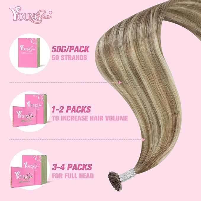 YoungSee K Tip Hair Extensions Real Human Hair Ombre Light Brown and Blonde Ktip Real Hair Extensions 1G/S 50G 22In