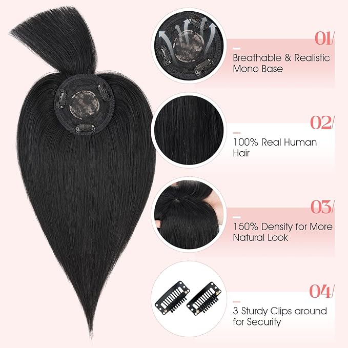 Hairro Mono Hair Toppers with Bangs, 3.4" x 3.4" Mono Base 100% Real Human Hairpieces for Women, 150% Density Clips In Topper for Greyish Thinning Hair, 20 Inch Jet Black