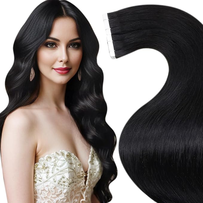 LaaVoo Hair Extensions Tape in Black Tape in Extensions Real Human Hair Tape on Hair Extensions Seamless 20inch 50g 20pcs