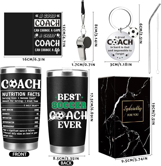 Keluna Soccer Coach Gifts for Men - Soccer Coach Appreciation Thank You Team Player Sports Lover Gift for Men Husband Brother Colleague Tumbler Cup Keychain Whistle Greeting Cards