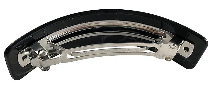 French Amie Volume Black Large Curved Handmade Strong Grip Celluloid Automatic Hair Clip Barrette (Black Finish)
