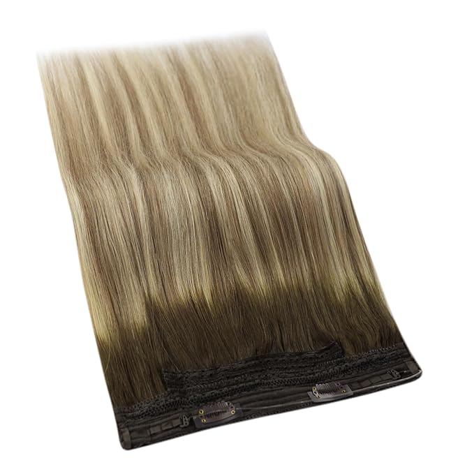 YoungSee 130G Invisible Wire Hair Extensions Light Brown Wire Hair Extensions Real Human Hair Ombre Walnut Brown to Light Brown Blonde Human Hair Fish Line Long Straight Hair 22inch
