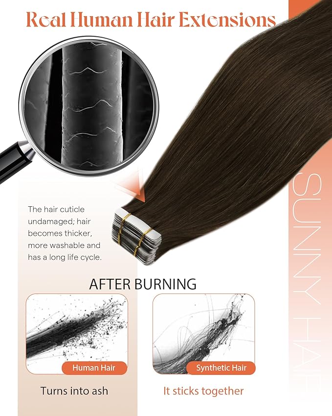 Sunny Hair Tape in Hair Extensions,Dark Brown Tape in Hair Extensions Human Hair Invisible Remy Human Hair Tape in Extensions 16 inch 20Pcs