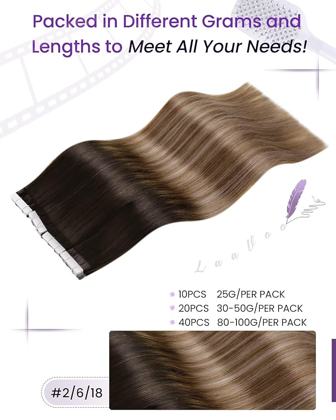 LaaVoo Hair Extensions Tape in Human Hair Ombre Tape in Hair Extensions Balayage Brown to Chestnut Brown with Blonde Tape on Extensions Human Hair Soft Straight Hair 40pcs 20 inch 100g
