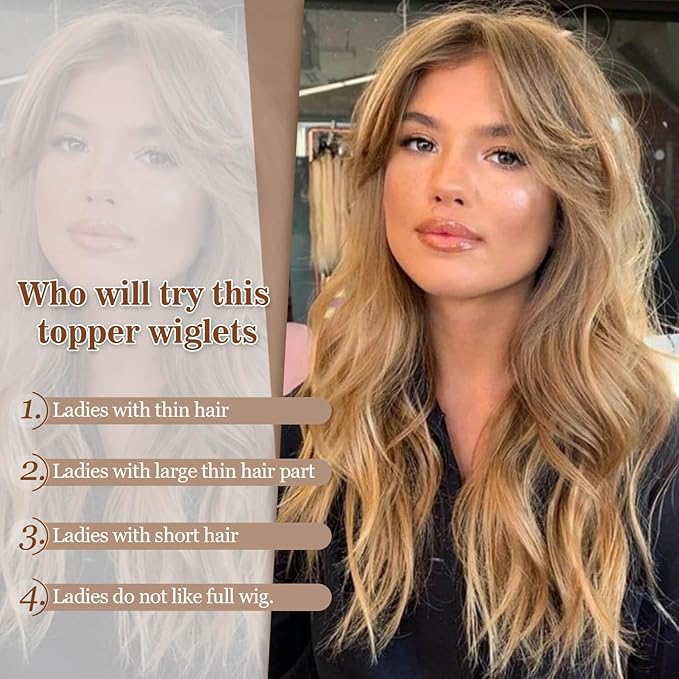 MORICHY Hair Topper for Women with Thinning Hair 20inch Long Wavy HairToppers with Bangs 6.5"x6.5" Large Base Synthetic Wiglets Ombre Dark Blonde