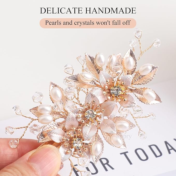 Floral Crystal Pearl Alligator Hair Clip and Rhinestone Bobby Pins, Elegant Hair Accessories for Bridal Women in Wedding or Prom, Set of 3 (Gold)