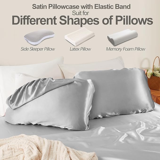 SiinvdaBZX Silver Grey Satin Pillowcase Standard/Queen Size Set of 2, Silky Travel Elastic Band Satin Pillow Case for Hair and Skin, Soft Portable & Fit for Various Pillow