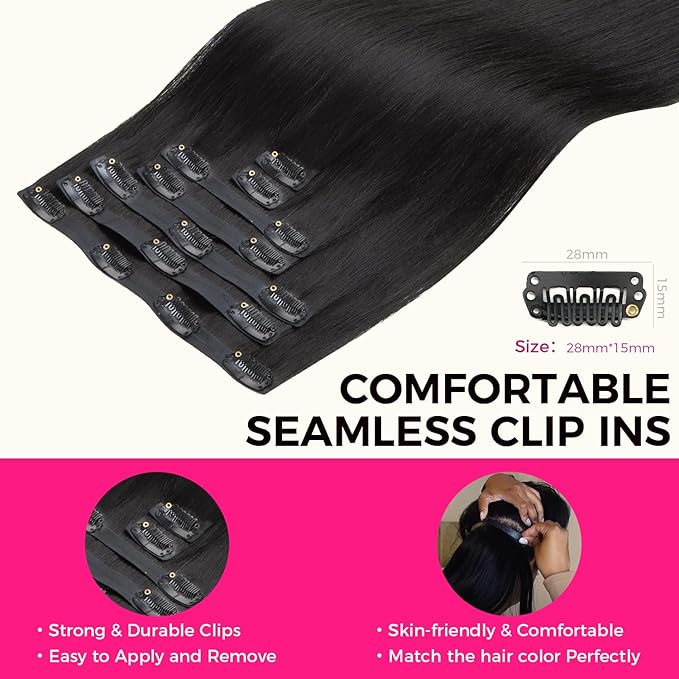 Lashey Seamless Clip in Hair Extensions 20 Inch 110g 7pcs Light Yaki Straight Clip in Hair Extension Human Hair Natural Black Extensions Remy Hair Extensions Clip ins Human Hair