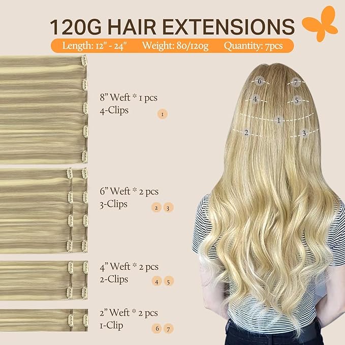 DOORES Human Hair Extensions Clip in Balayage Light Blonde Highlighted Golden Blonde 18 Inch 120g 7pcs Clip in Hair Extensions Natural Straight Hair Extensions