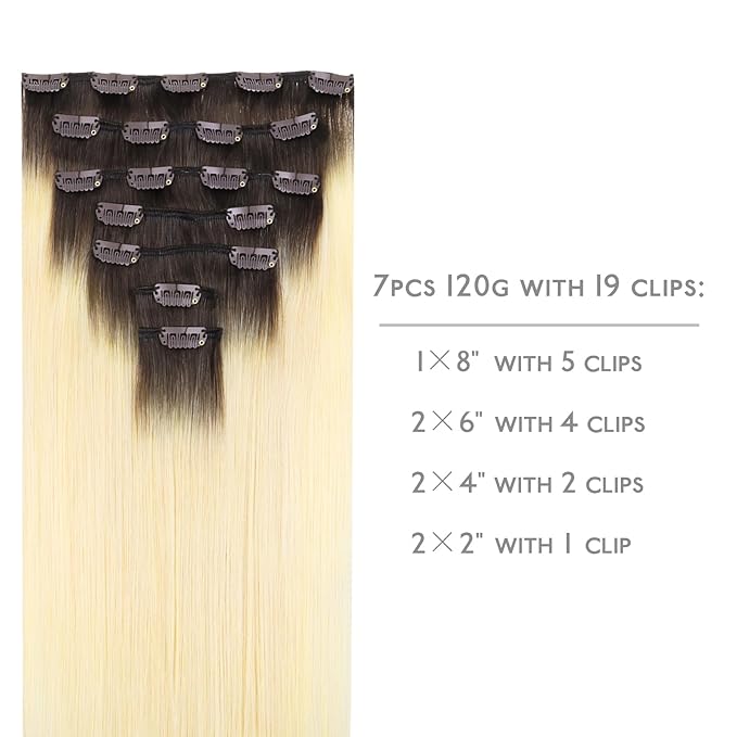 WENNALIFE Clip in Hair Extensions, 14 Inch 120g 7pcs Clip in Hair Extensions Real Human Hair, Ombre Light Dark Brown to Platinum Blonde Remy Hair Straight